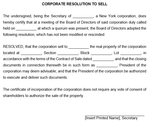 corporate resolution to sell