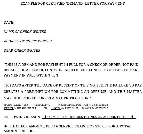 example for certified demand letter for payment