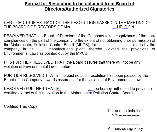 format for resolution to be obtained from board of directors signatories