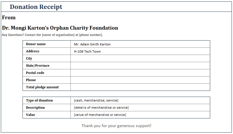 free donation receipt template excel