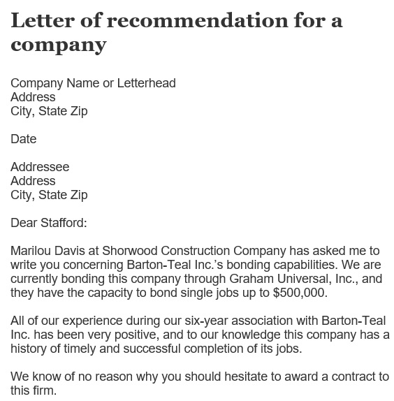 letter of recommendation for a company