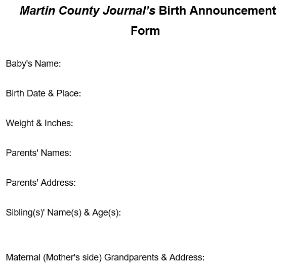 martin county journal birth announcement form
