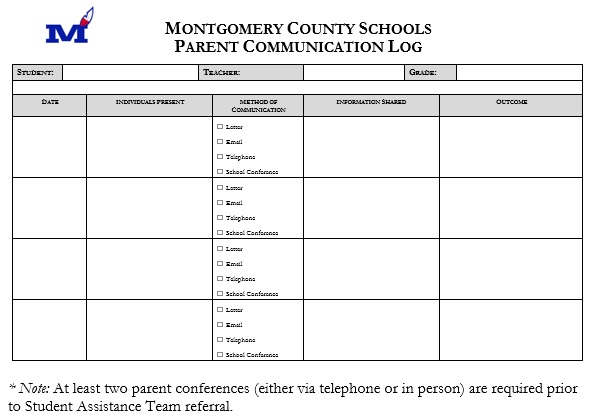 montgomery county schools parent communication log template