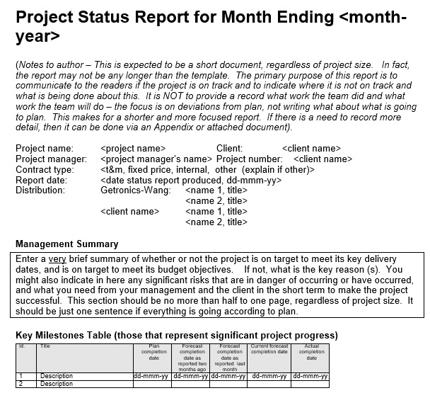 monthly project status report template