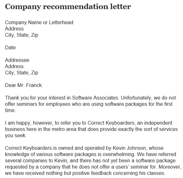 printable company recommendation letter
