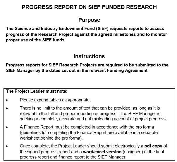 progress report on sief funded research project