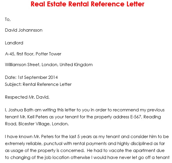 real estate rental reference letter
