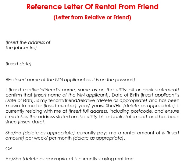 reference letter of rental from friend