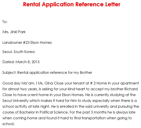 rental application reference letter