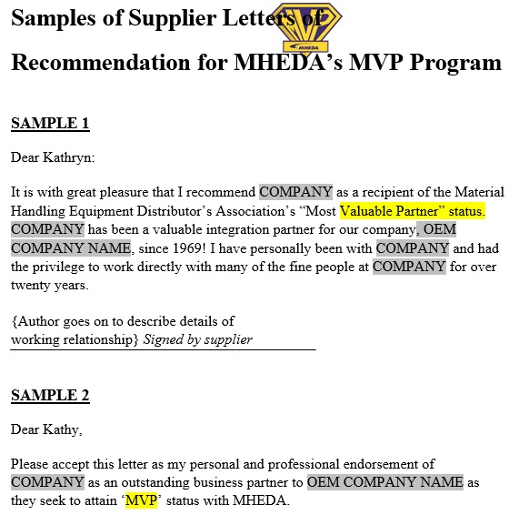 samples of supplier letters of recommendation for mheda mvp program