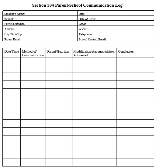 section 504 parent school communication log template