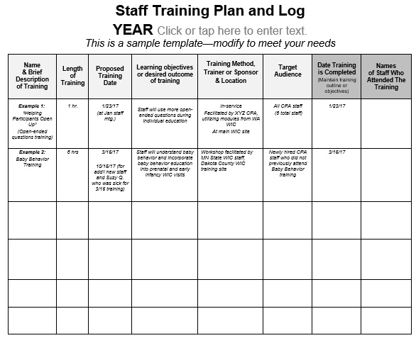 staff training plan and log template