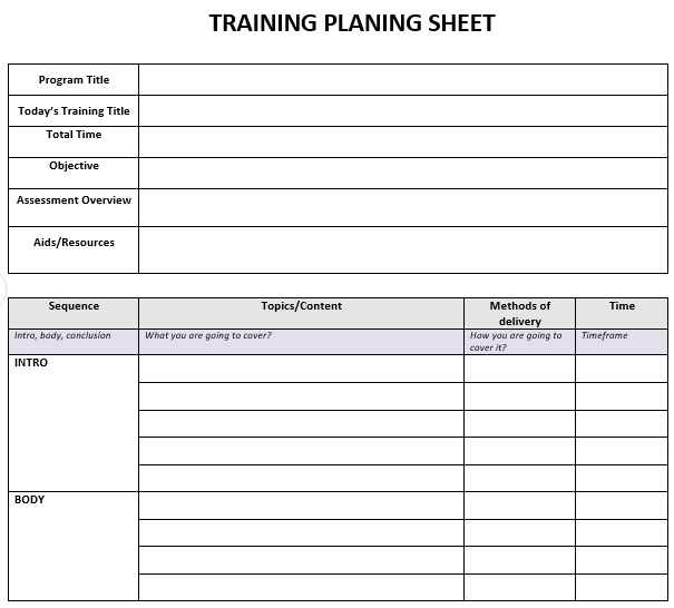 training planning sheet