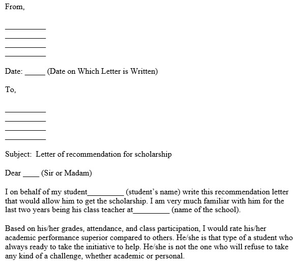 blank letter of recommendation template