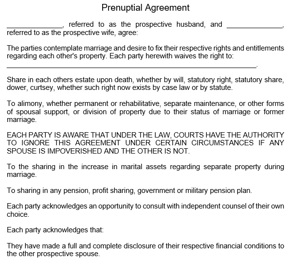blank prenuptial agreement form