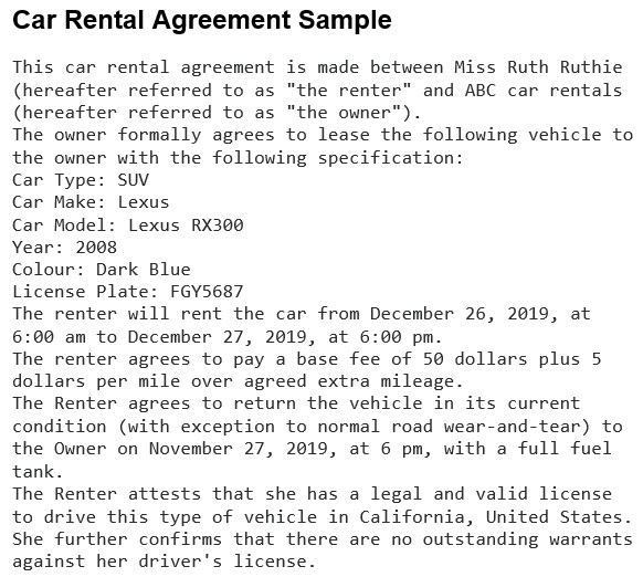 car rental agreement sample free