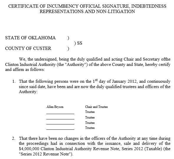 certificate of incumbency official signature indebtedness representations and non litigation