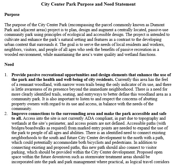 city center park purpose and need statement