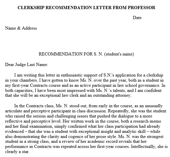 clerkship recommendation letter from professor sample