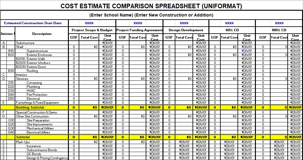cost estimate comparison spreadsheet