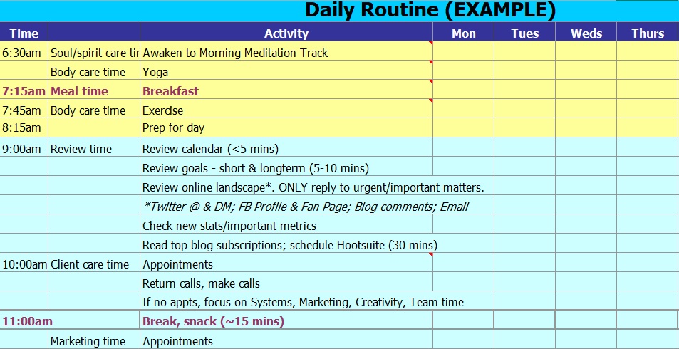 daily work schedule example