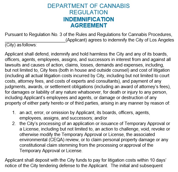 department of cannabis regulation indemnification agreement