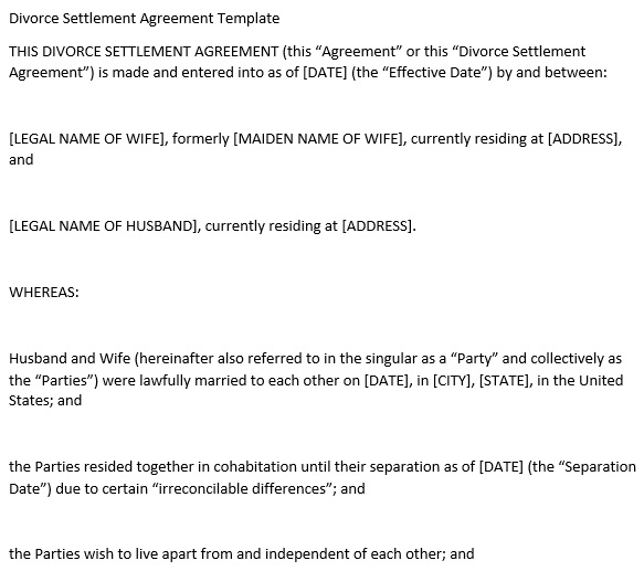 divorce settlement agreement template word