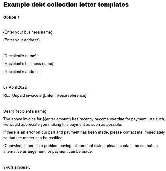 example debt collection letter template