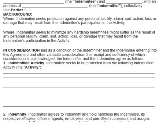 fillable indemnification agreement