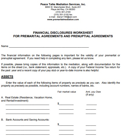 financial disclosures worksheet for premarital agreements
