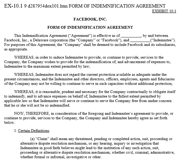 form of indemnification agreement