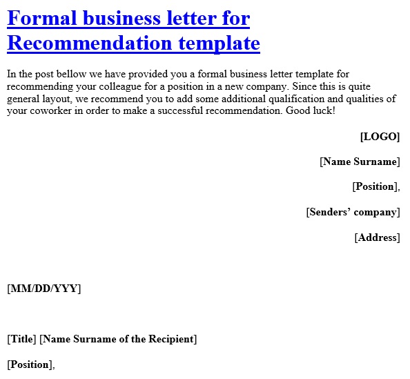 formal business letter for recommendation template