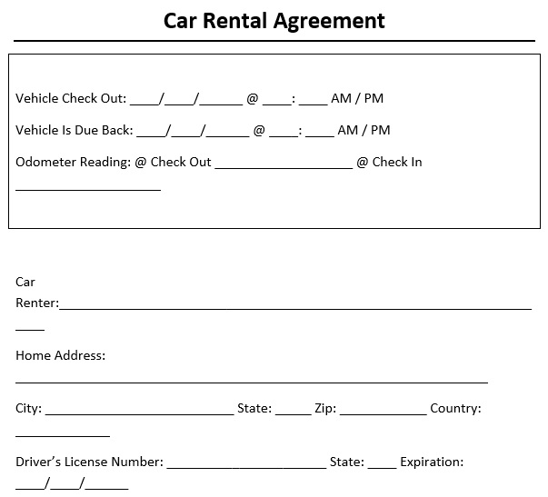 free car rental agreement template
