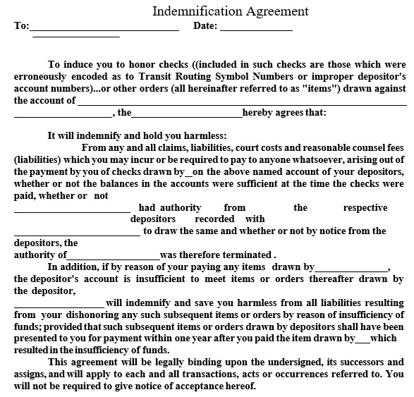 free indemnification agreement form
