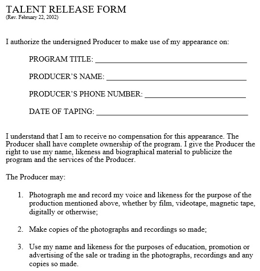 free talent release form 6