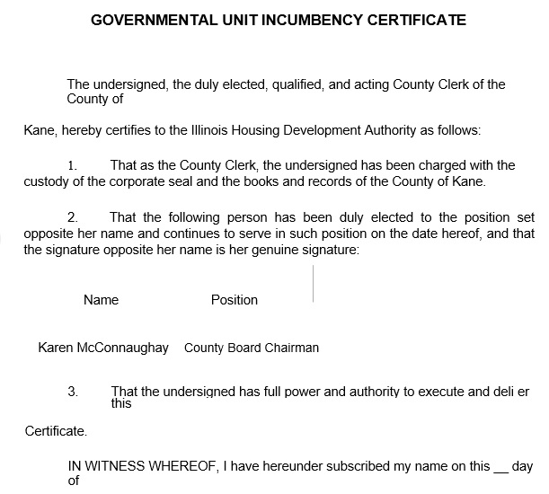 governmental unit incumbency certificate