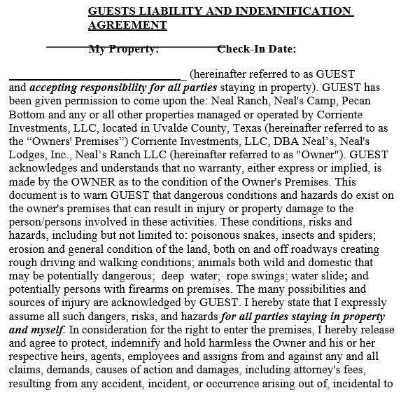 guests liability and indemnification agreement template