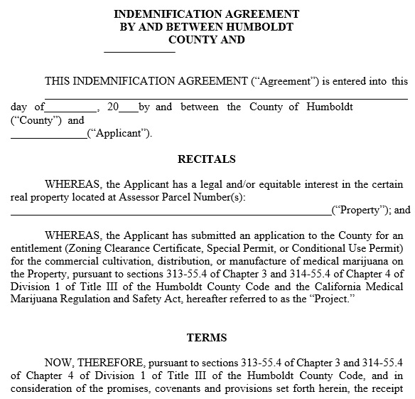 indemnification agreement by and between humboldt county
