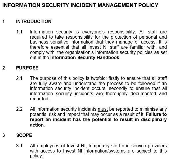 information security incident management policy template