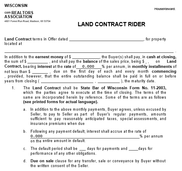 land contract rider form