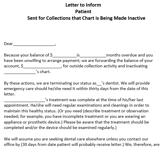 letter to inform patient sent for collections that chart is being made inactive