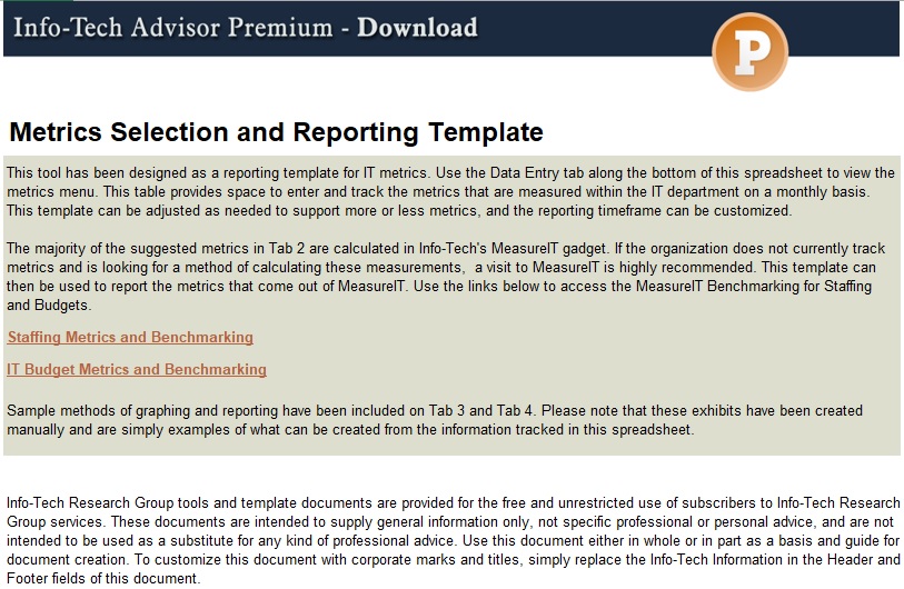 metrics selection and reporting template excel