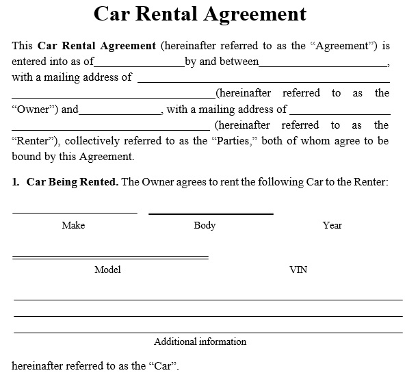printable car rental agreement form