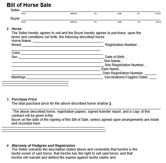 printable horse bill of sale form 1