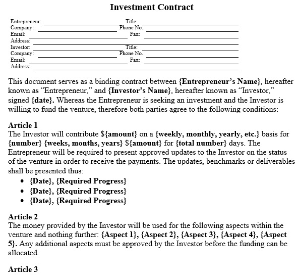 printable investment contract template
