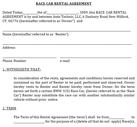 race car rental agreement template