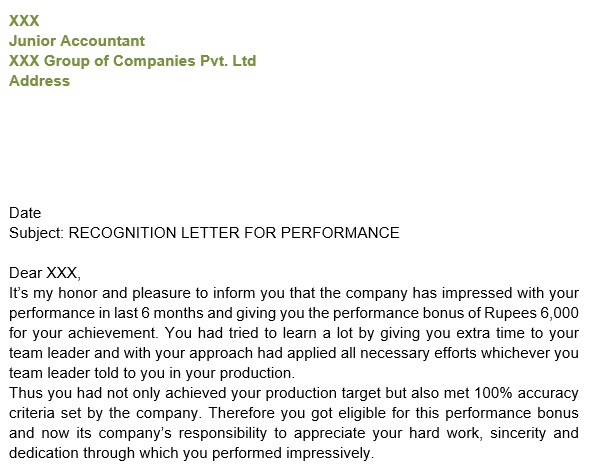 recognition letter for performance