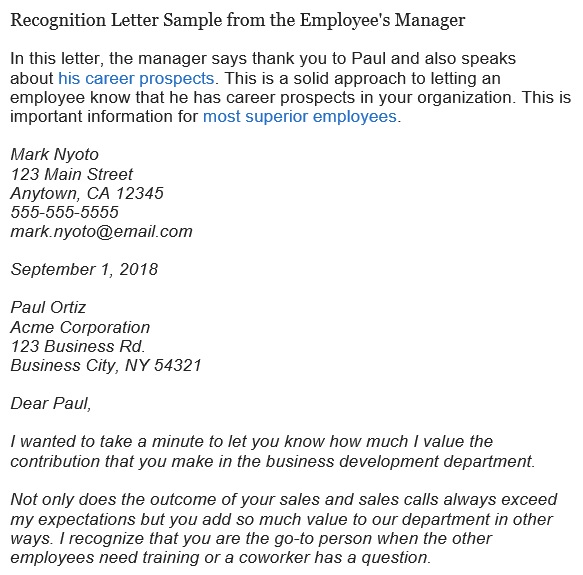 recognition letter sample from the employees manager