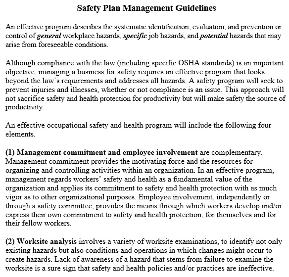 safety management plan guidelines