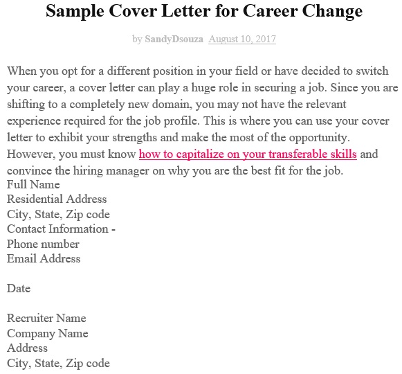 sample cover letter for career change